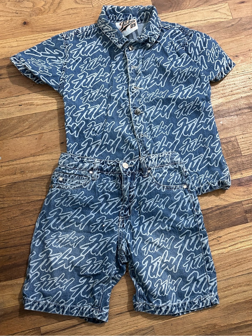 FUBU Blue Denim Script-Print Kids Shorts